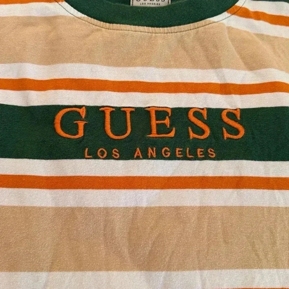 Vtg GUESS Striped T-Shirt Short Sleeve Orange Green Tan Embroidery Logo 90s Y2K. - Picture 3 of 6